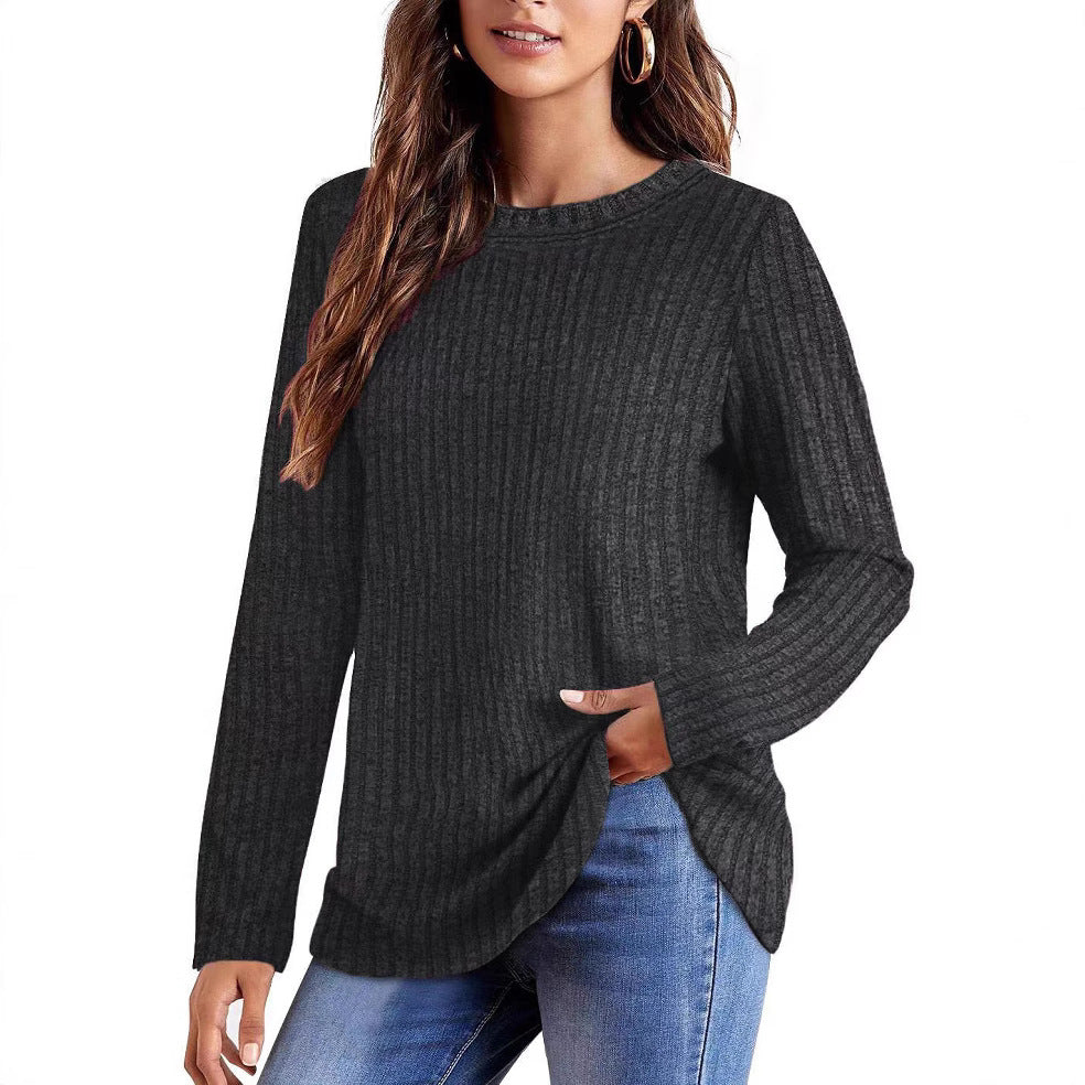 Damen Geripptes Feinstrick-Longsleeve mit Rundhalsausschnitt und asymmetrischem Saum Drune