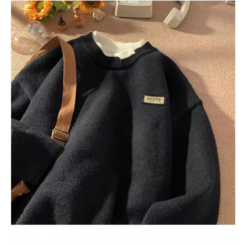 Unisex Oversized Lagenlook-Strickpullover mit kontrastiertem Innenkragen und geripptem Saum Drune