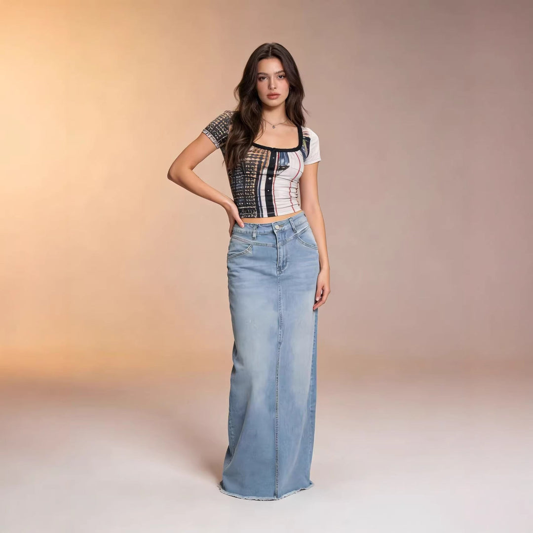 Damen Maxi-Denim-Rock mit hohem Bund und fransigem Saum