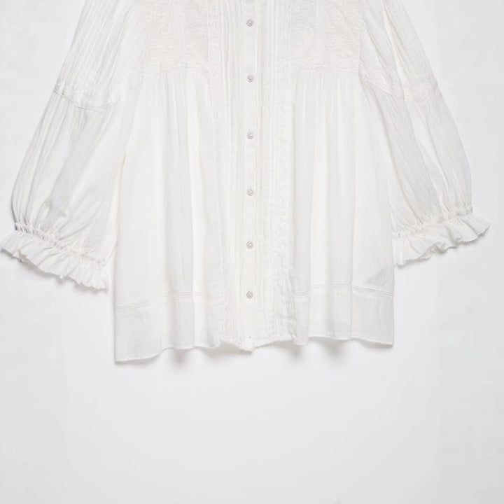 Damen Leichte Tunika‑Bluse mit Stehkragen, Plissee- und Spitzenbesatz Drune