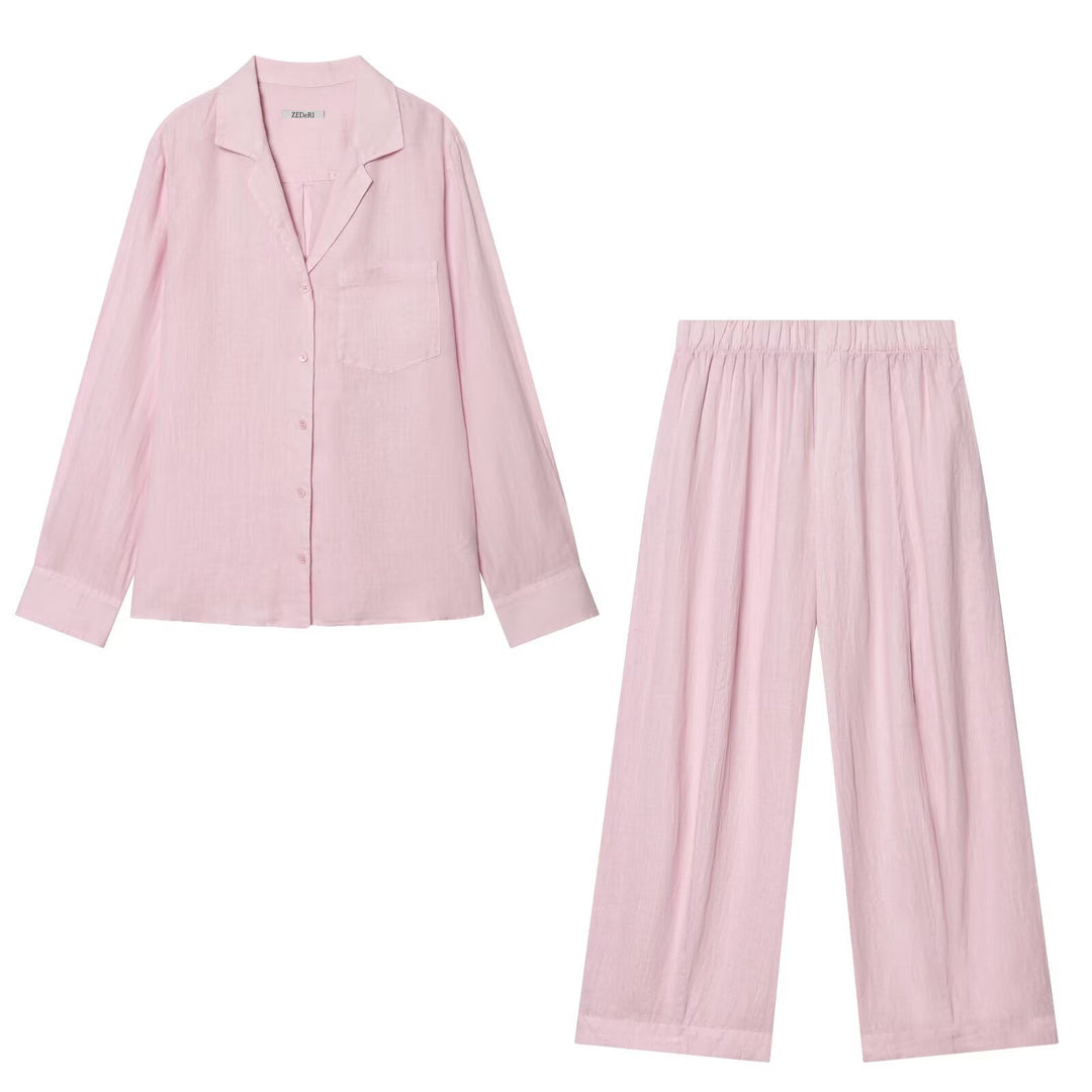 Damen Zweiteiliges Loungewear-Set aus Leinenoptik mit lockerem Pyjama‑Hemd und weiter Palazzo‑Hose Drune