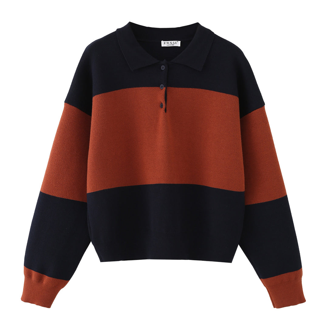 Damen Oversize-Polokragen-Pullover mit Blockstreifen Drune