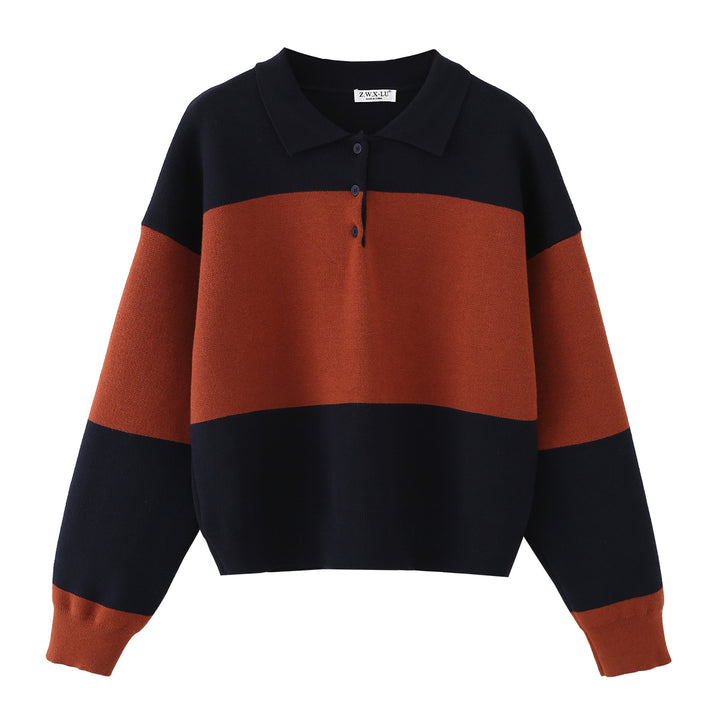 Damen Oversize-Polokragen-Pullover mit Blockstreifen Drune