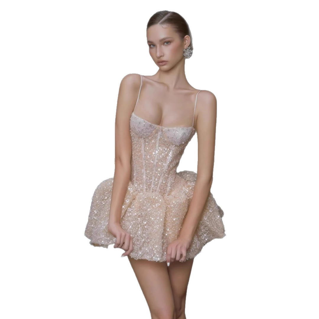 Damen Glamouröses Cocktailkleid mit funkelnden Pailletten und ausgefallener Rockform Drune