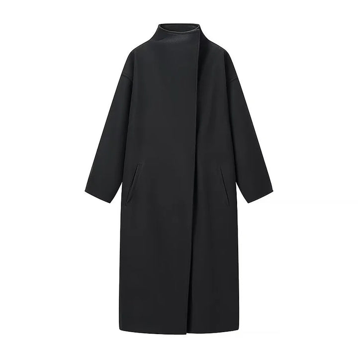 Damen nan minimalistischer Longmantel mit Stehkragen, verdeckter Frontleiste und schrägeingesetzten Eingrifftaschen Drune