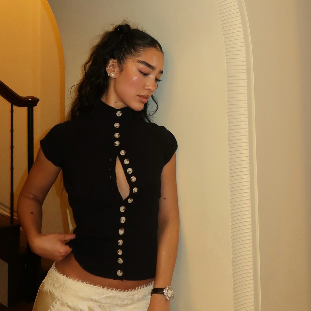 Damen Stehkragen Bluse mit Knopfleiste Drune