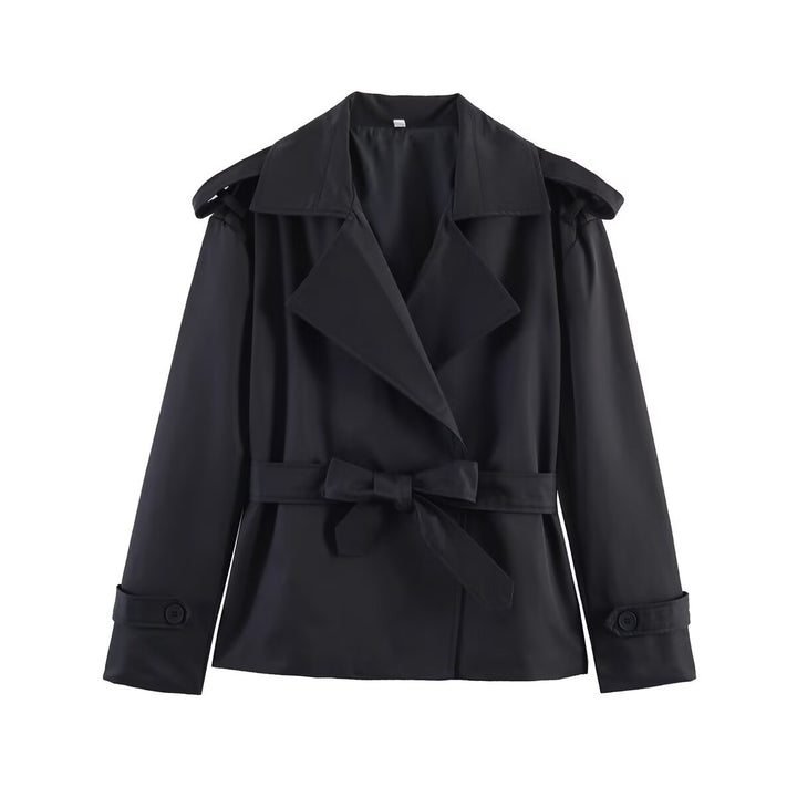 Damen kurzer Trenchcoat mit Taillengürtel, doppelreihiger Front und Schulterklappen Drune