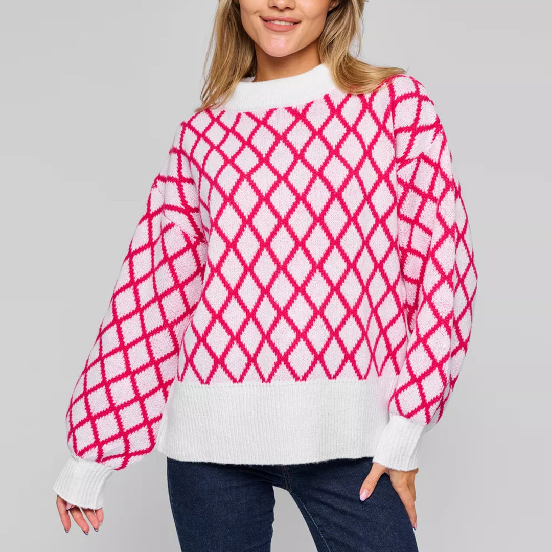 Damen gestrickter Pullover mit modernem Rautenmuster und innovativem Schnitt Drune