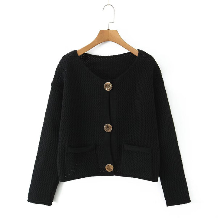 Damen Leichter offener Lochstrick‑Cardigan mit Zierknöpfen und aufgesetzten Taschen Drune