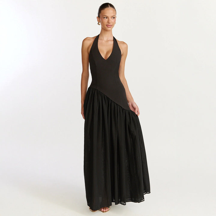 Damen Maxikleid mit tiefem V-Ausschnitt und asymmetrischem Rock Drune