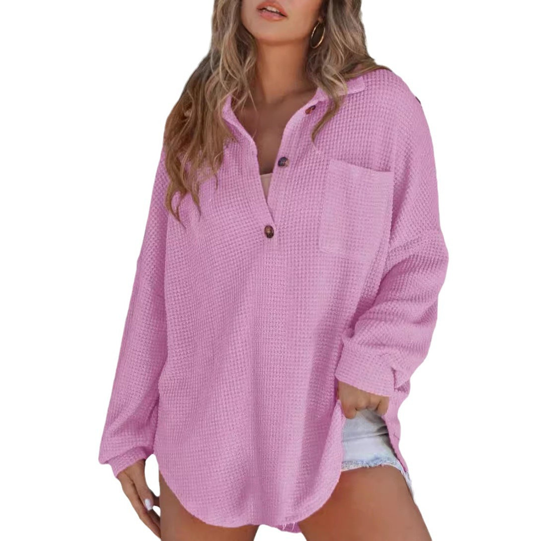 Damen Oversize Waffelstrick-Hemdbluse mit Kentkragen, Brusttasche und gerundetem Saum Drune