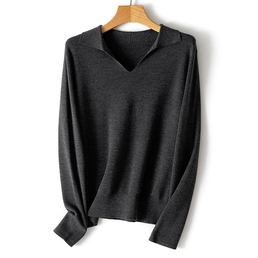 Damen feiner leichter V-Ausschnitt-Pullover mit offenem Hemdkragen und legerer Silhouette Drune