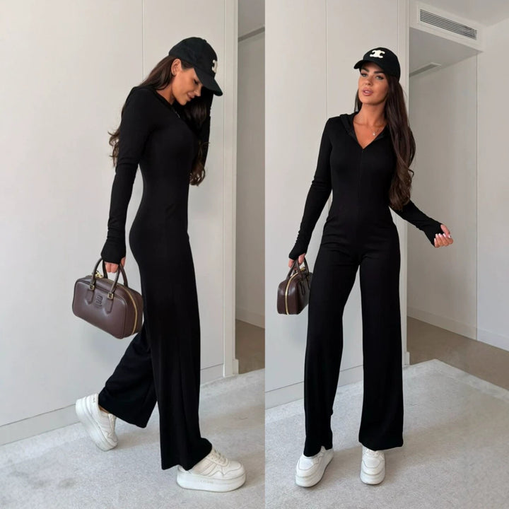 Damen Rippstrick Jumpsuit mit Kapuze und Front-Reißverschluss Drune