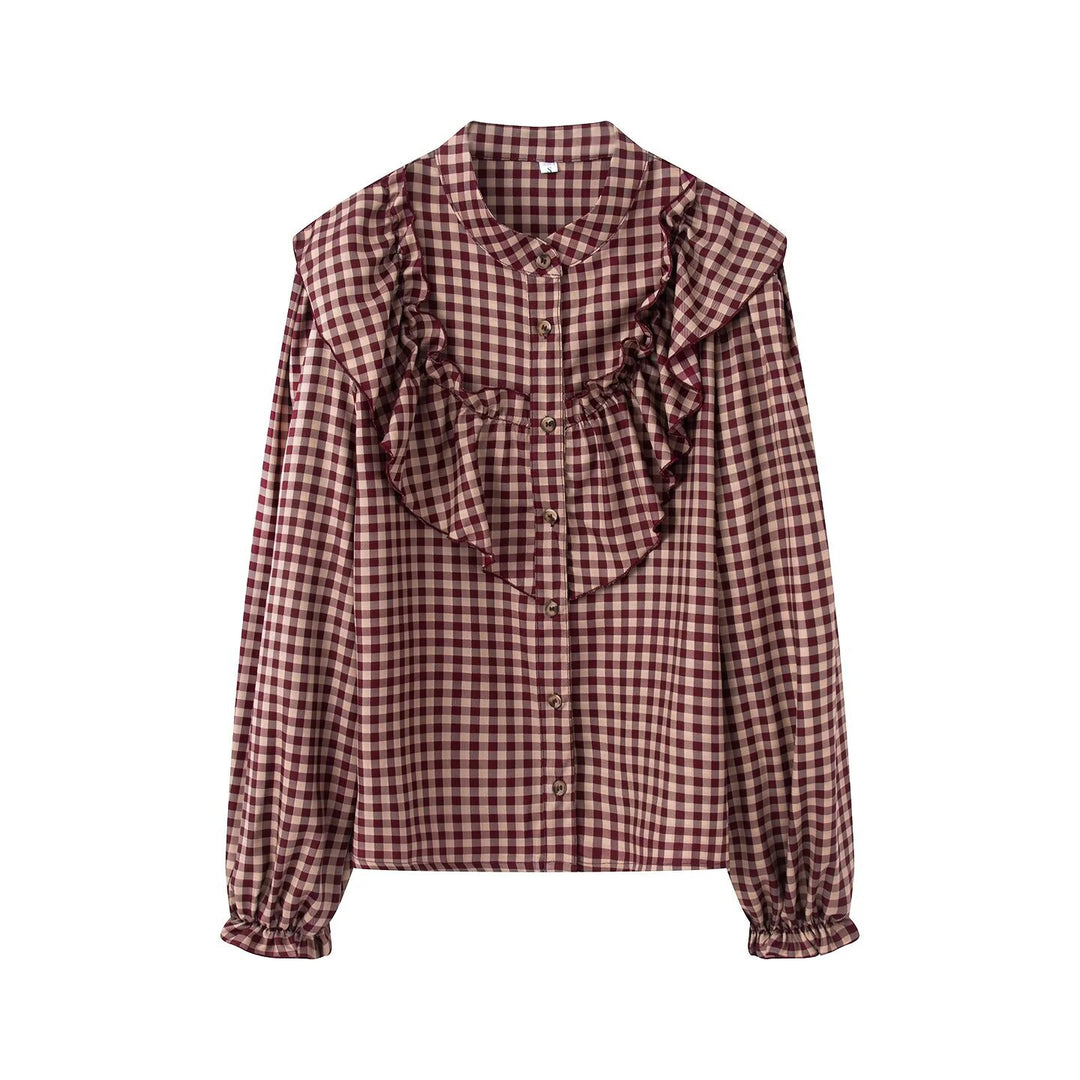 Damen Karierte Rüschenbluse mit Stehkragen und Volantdetails Drune