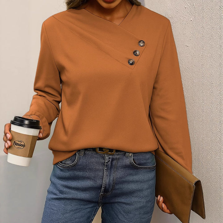 Damen Asymmetrische V-Ausschnitt Bluse mit Zierknopfleiste und Langarm Drune
