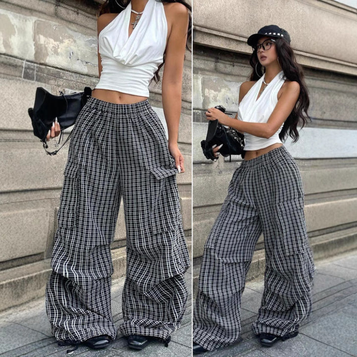 Damen Karierte Cargo-Hose mit niedrigem Schritt und praktischen Taschen Drune