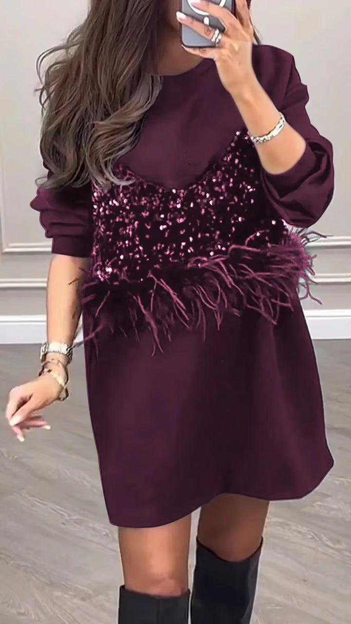 Damen nan Sweat-Minikleid mit Pailletten-Bustier und Federbesatz Drune