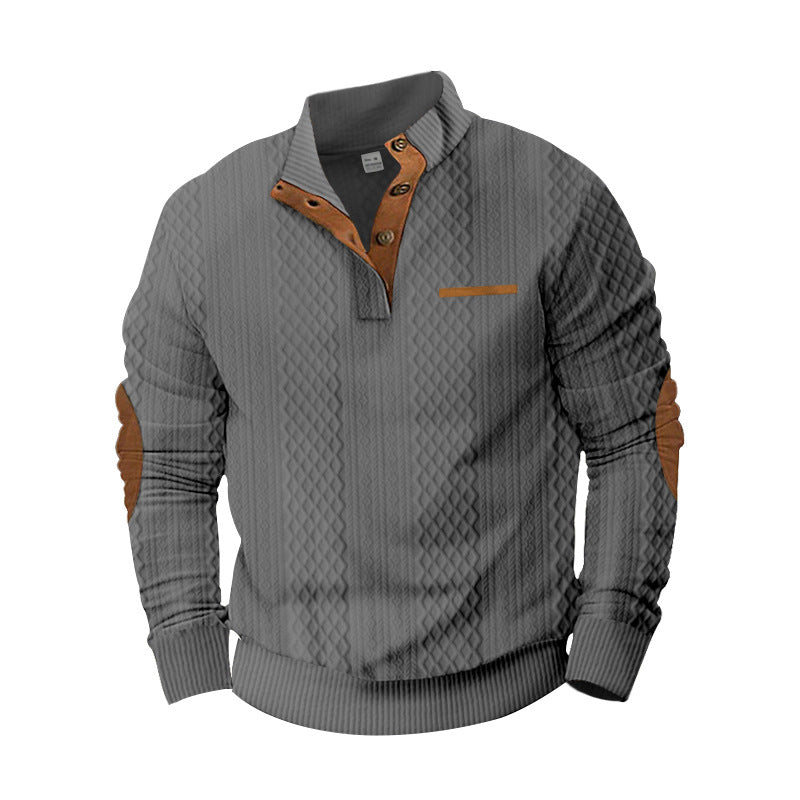 Herren Strukturiertes Kabelstrick-Sweatshirt mit Halbknopfblende, Kunstleder‑Patchtasche & Ellbogenpatches Drune