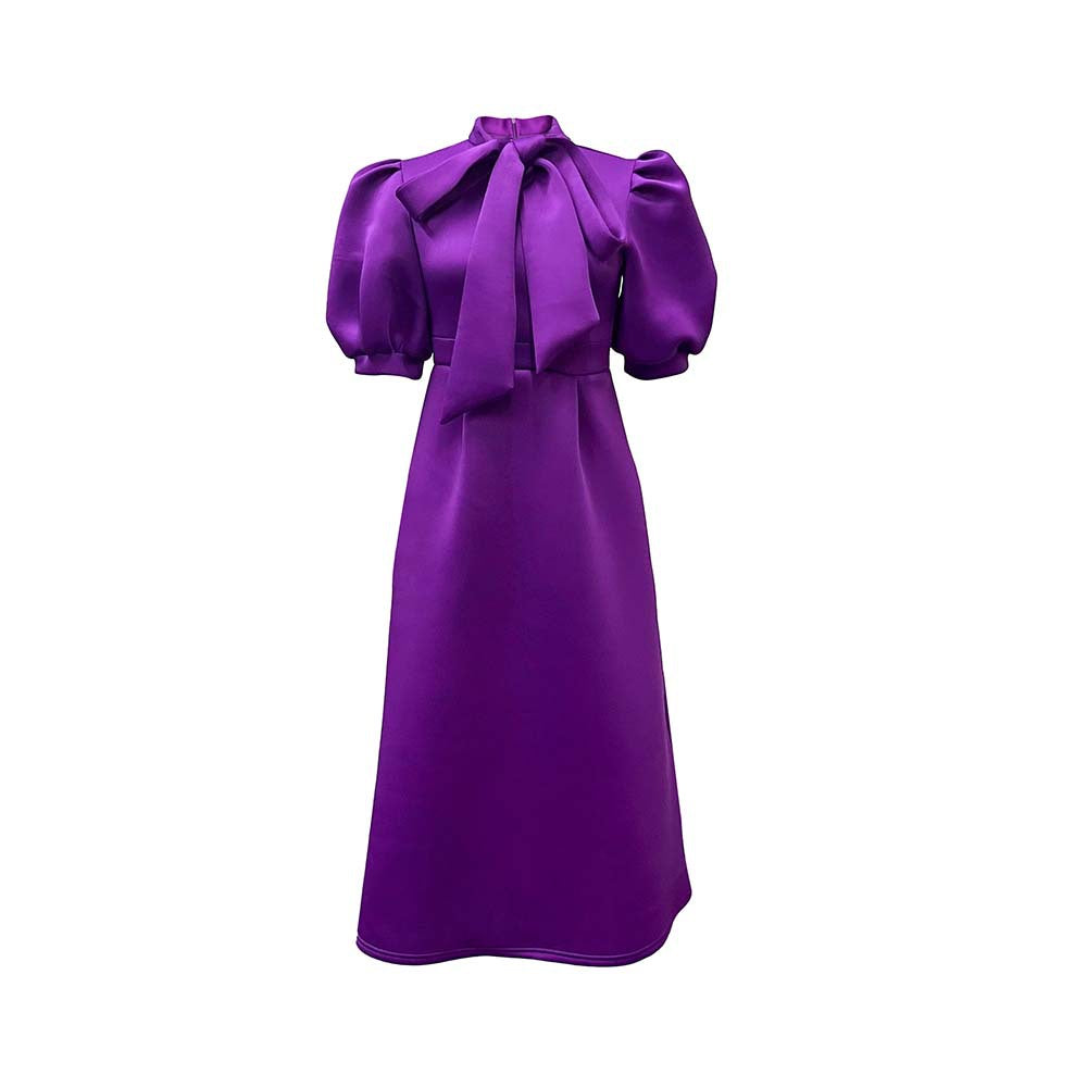 Damen Elegantes Midi-Kleid mit Puffärmeln und Bindegürtel Drune