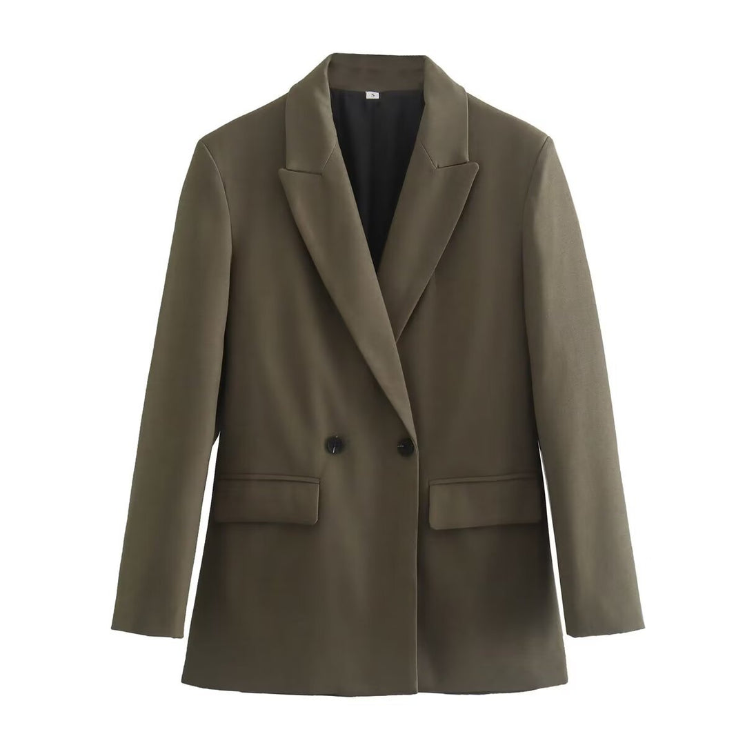 Damen nan figurbetonter zweireihiger Longblazer mit spitzem Revers leicht verlängertem Saum und Pattentaschen Drune
