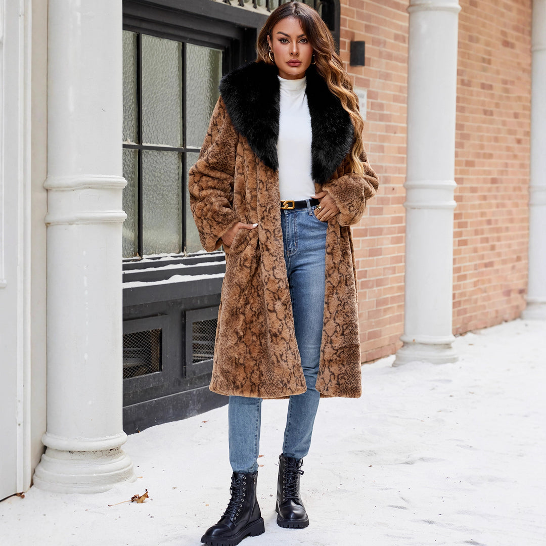 Damen Eleganter Kunstpelzmantel mit breitem Kragen Drune