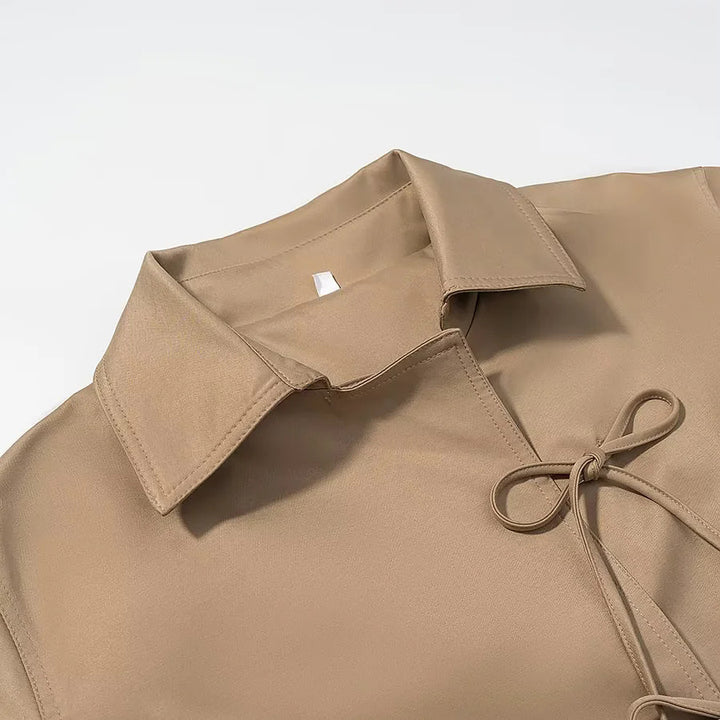 Damen nan kurze Bindemantel-Jacke mit Hemdkragen dekorativen Schleifen und kastiger Cropped-Silhouette Drune
