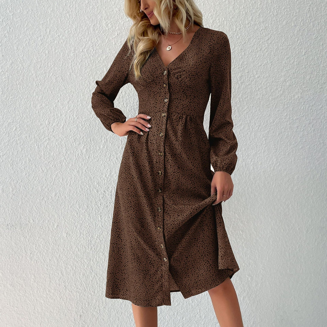 Damen V‑Ausschnitt Midikleid mit Knopfleiste, taillierter Schnitt und Ballonärmeln Drune