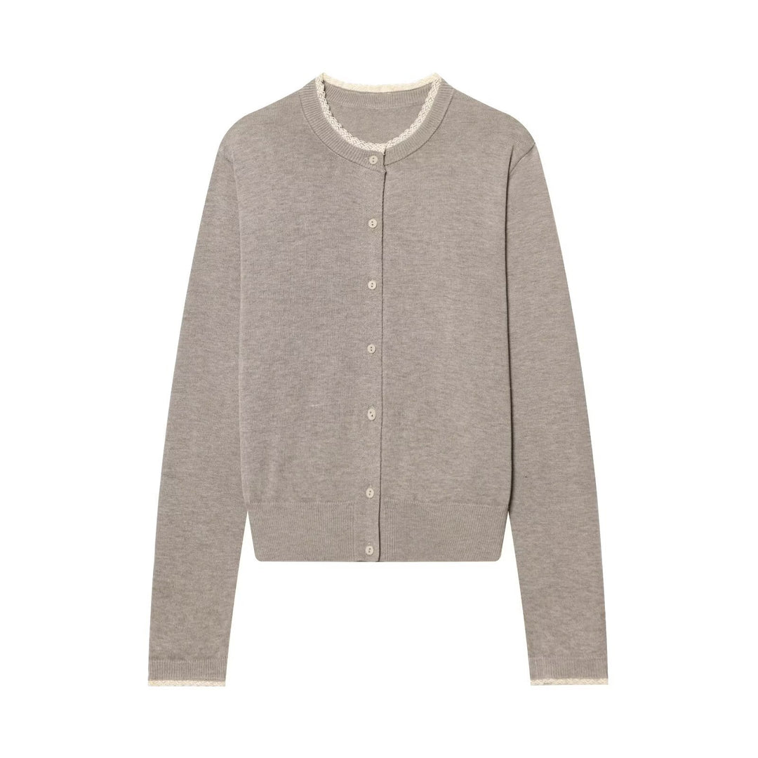 Damen Feinstrick-Cardigan mit Rundhals, Knopfleiste und Spitzenbesatz Drune