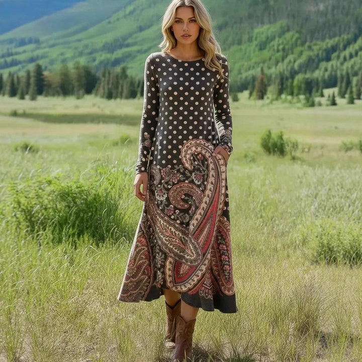 Damen Maxikleid mit Paisley‑ und Polka‑Dot‑Print, langärmeliges A‑Linien‑Jerseykleid Drune