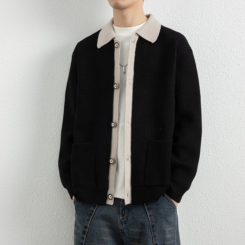 Herren Kontrastkragen-Strickjacke mit durchgehender Knopfleiste und aufgesetzten Taschen Drune