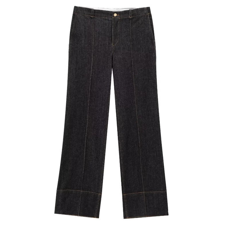 Damen 40+ hochtaillierte weite Denimhose mit Bügelfalte und Saumaufschlag Drune