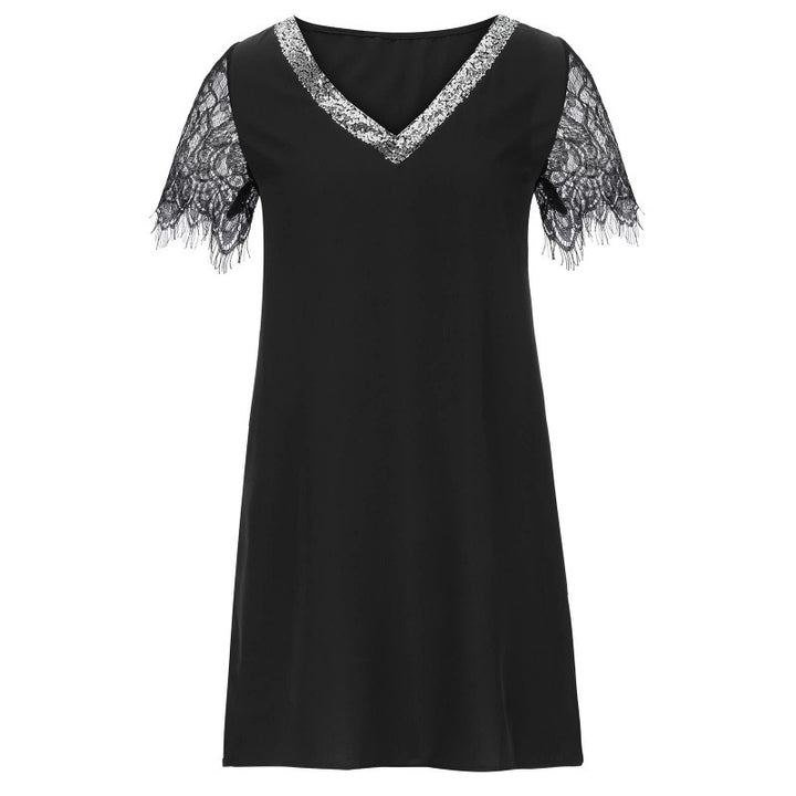 Damen elegantes V-Ausschnitt Shift-Kleid mit Spitzenärmeln Drune