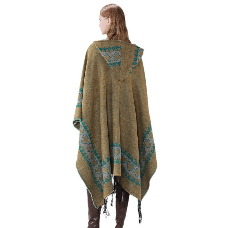 Damen Kapuzen-Capeponcho aus Wollmix mit Herz-Jacquard und Fransensaum Drune