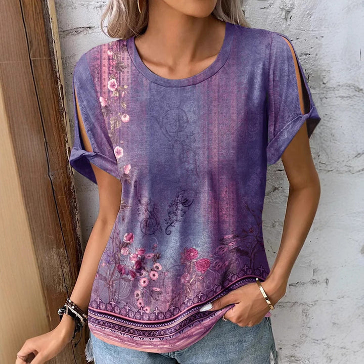 Damen florales Oversized-T-Shirt mit Cut-Out-Ärmeln Drune