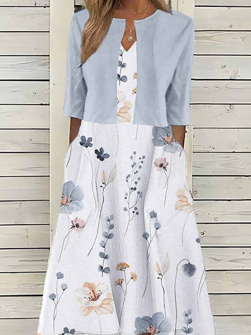 Damen nan Maxikleid mit separatem Bolero, V-Ausschnitt, Eingrifftaschen und floraler A-Linien-Silhouette Drune