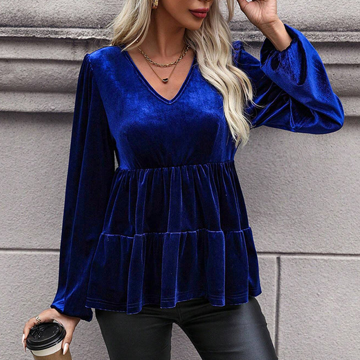 Damen samtiges Volant‑Peplum‑Top mit V‑Ausschnitt, geraffter Taille und langen Ballonärmeln Drune