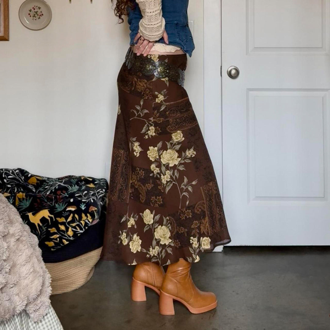 Damen Maxi-Rock mit floralem Design und transparenter Chiffon-Überlage Drune