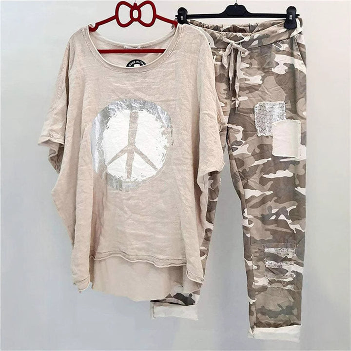 Damen nan lässiges Freizeit-Zweiteiler mit weit geschnittenem Leinenoptik-Shirt, Peace-Symbol und Camouflage-Jogpant mit Patchdetails Drune