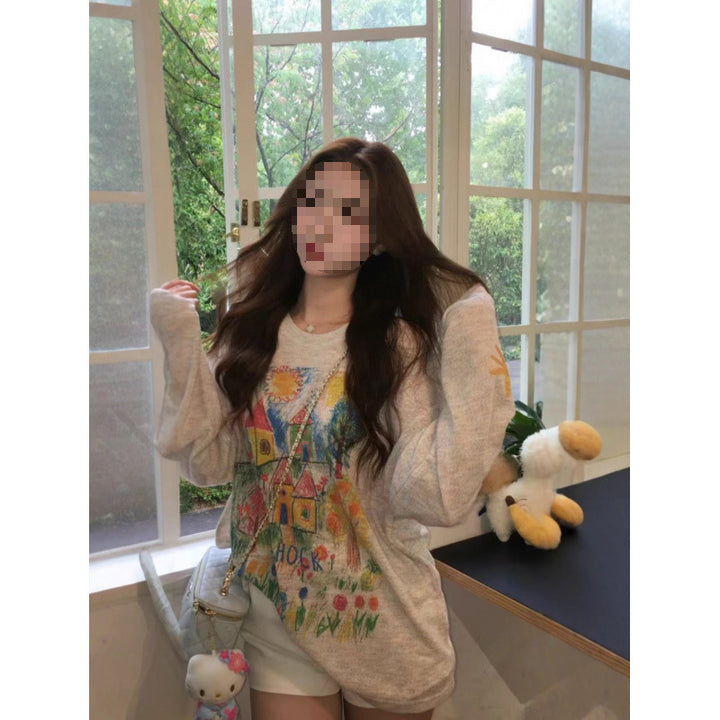 Damen Lässiger Oversized Pullover mit buntem Druck Drune