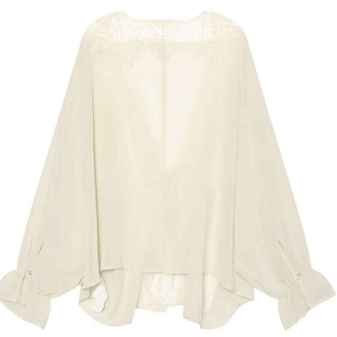 Damen Transparenter Chiffonkimono mit Spitzenbesatz und Volumenärmeln Drune
