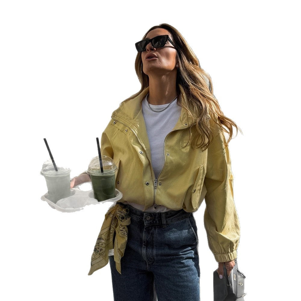 Damen Kurze Satinoptik-Bomberjacke mit Reißverschluss, Druckknöpfen & elastischen Bündchen Drune