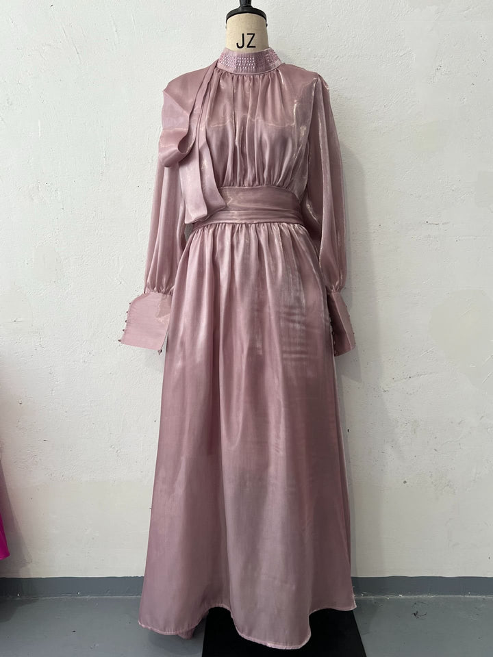 Damen Elegantes Chiffon-Maxikleid mit tailliertem Wickelbund, Stehkragen und langen Puffärmeln Drune
