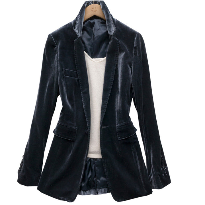 Damen Langer Samt‑Blazer mit taillierter Schnittführung, Pattentaschen und geriffeltem Revers Drune