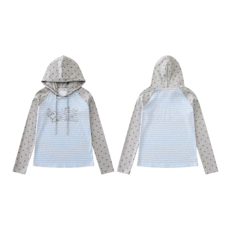 Damen Kapuzen-Langarmshirt im Raglanstil mit Sternärmeln und Noten-Print Drune