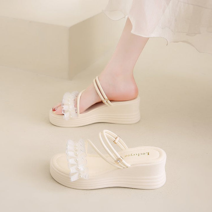 Damen Wedge-Sandalen mit Rüschen und Perlenverzierung Drune