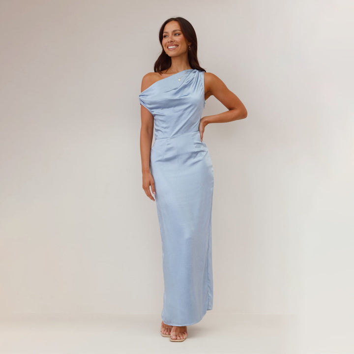 Damen Schickes Maxikleid mit einseitigem Ausschnitt und Raffung Drune