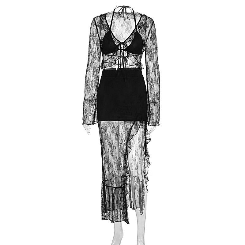 Damen Transparente Bluse mit Rüschenärmel und frechem Bindeband Drune