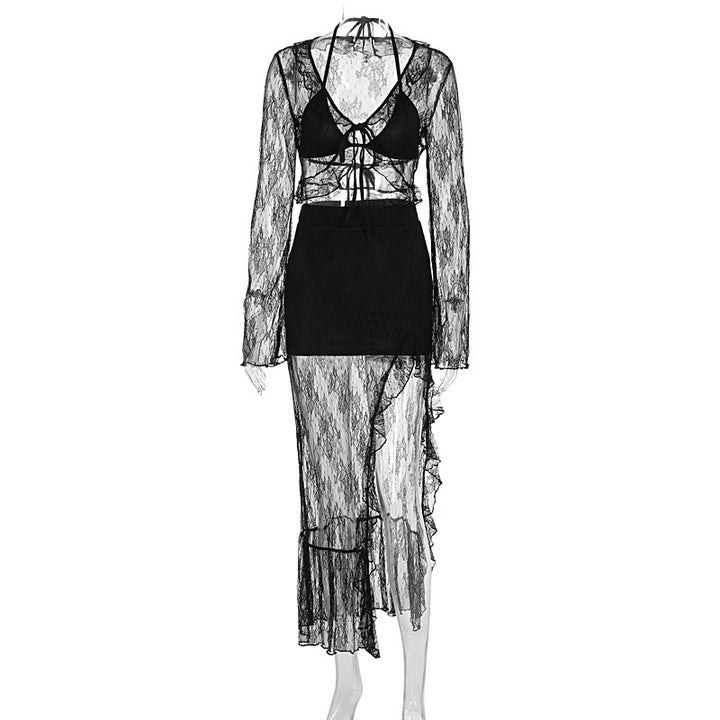 Damen Transparente Bluse mit Rüschenärmel und frechem Bindeband Drune