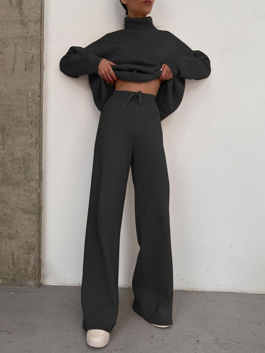 Damen Weite Strickhose mit hoher Taille, Tunnelzug und weitem Bein Drune