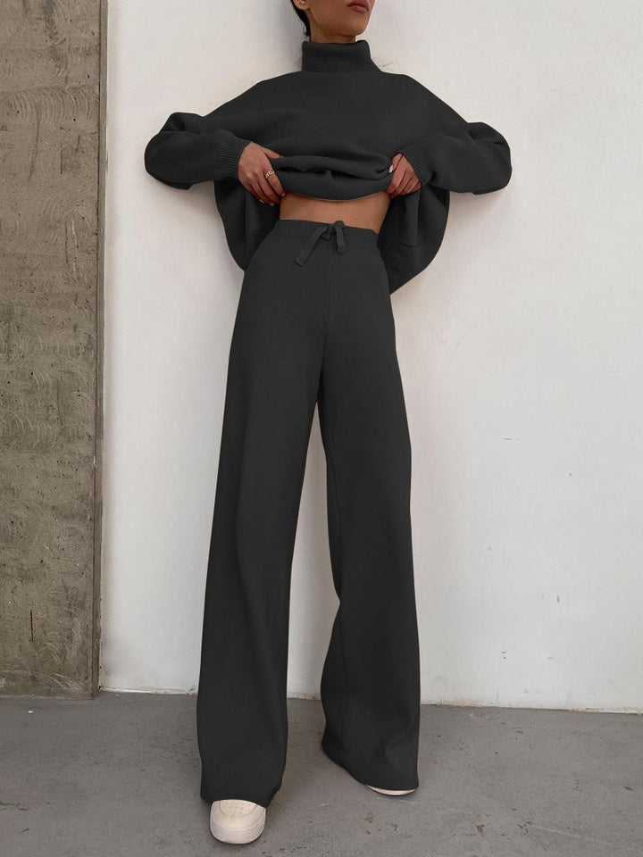 Damen Weite Strickhose mit hoher Taille, Tunnelzug und weitem Bein Drune
